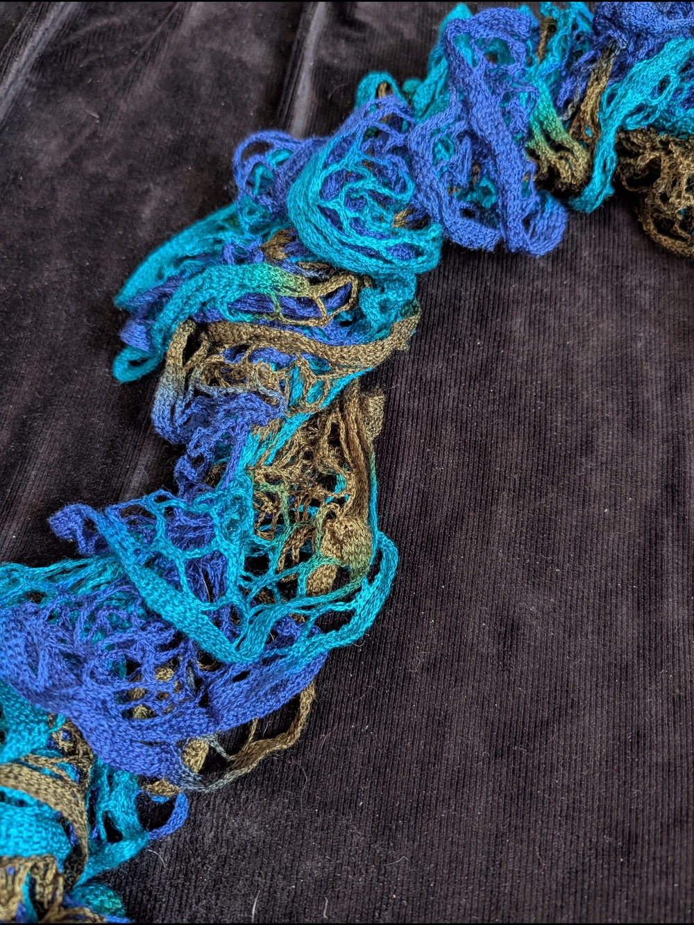 Handmade Ruffle Scarf in Blue, Teal and Olive - Picture 2 of 3